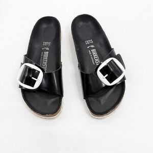 Birkenstock Madrid Big Buckle Black Leather White Sandals Women Size 37 EU 6 US